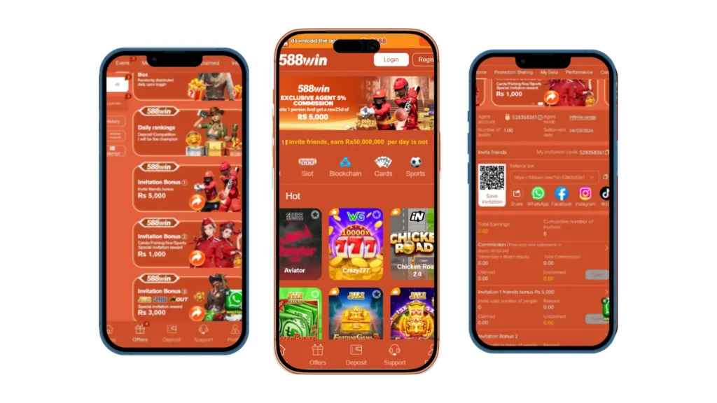 588Win Game app interface showing login screen and bonus rewards on mobile