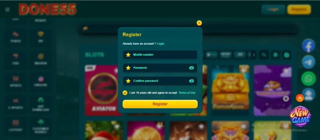 DONE55 Game APK Login and Register page
