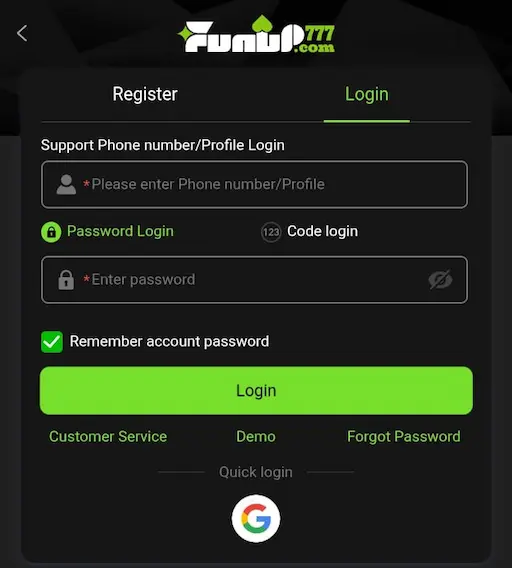 FUN UP 777 Game login and registration screen mobile interface