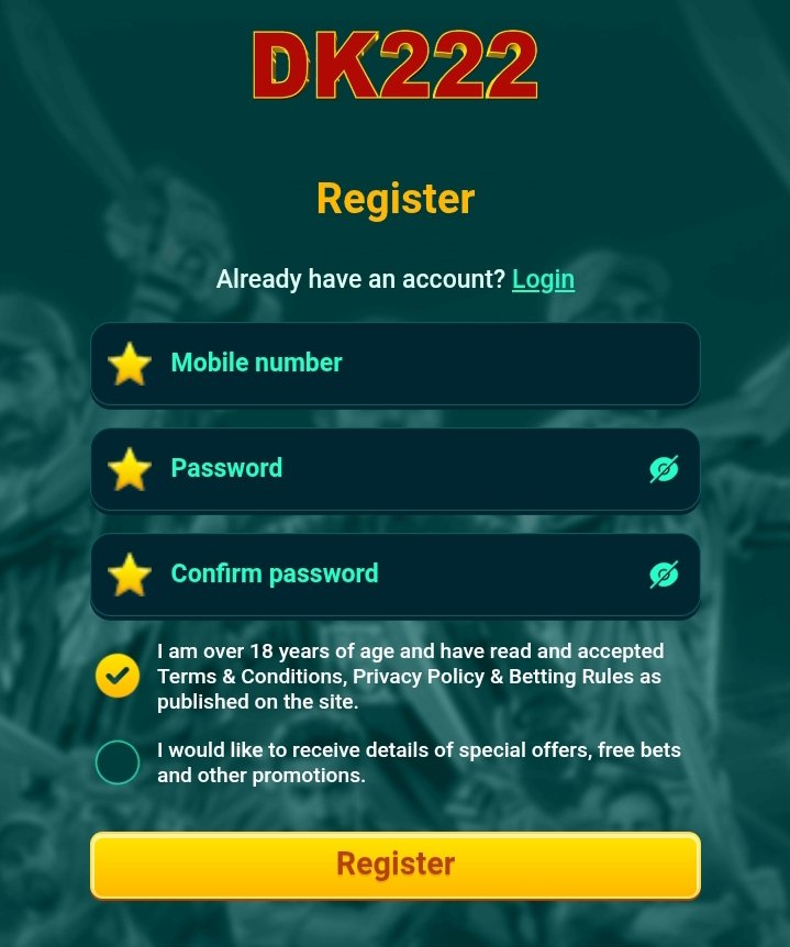 Simple login and registration process of DK222 Game for new users.