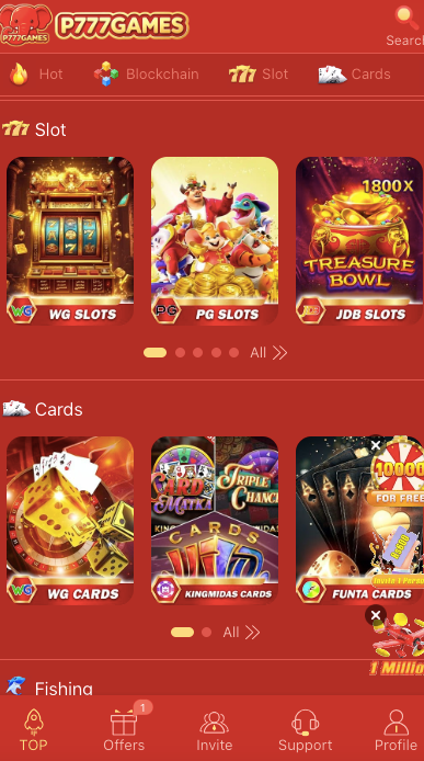 P777 dashboard interface showing menu and game options