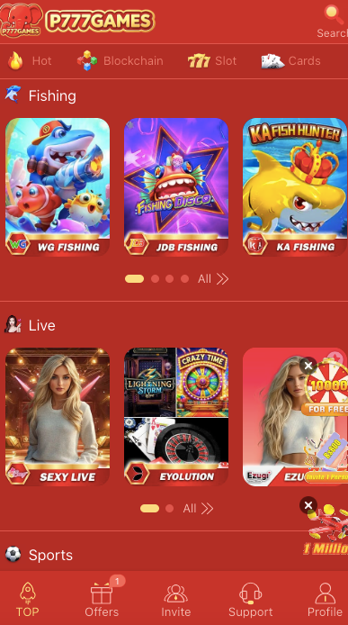 P777 mobile app game selection interface