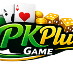 PKPlus Game logo featuring green and gold stylized text with poker cards, dice, and coins, designed in a casino theme on a transparent background.