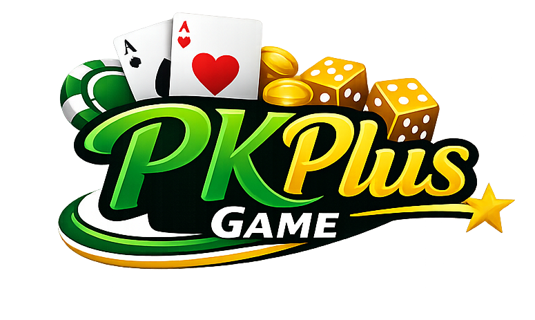 PKPlus Game logo featuring green and gold stylized text with poker cards, dice, and coins, designed in a casino theme on a transparent background.