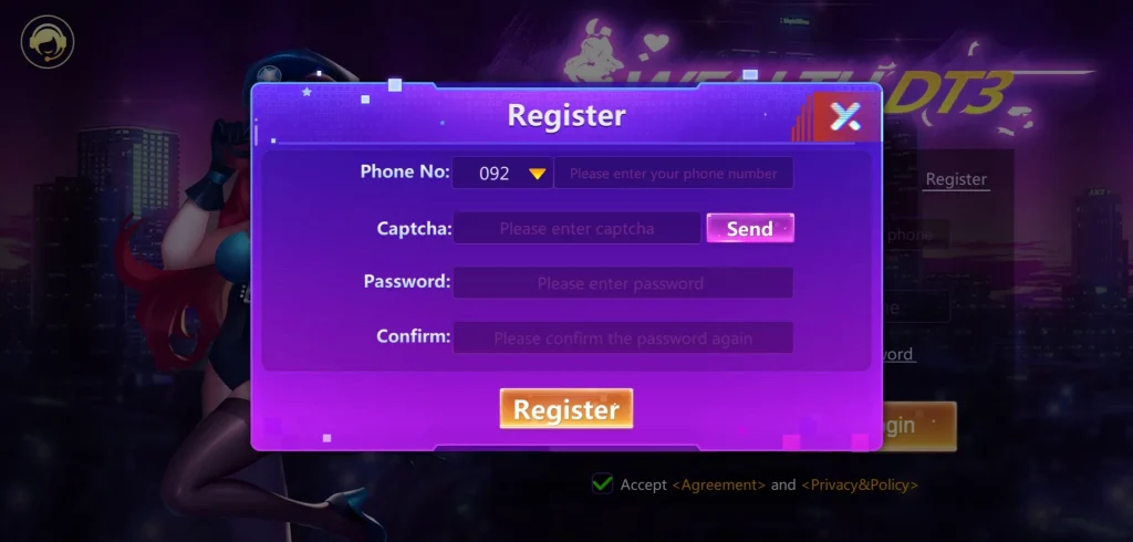 Wealth DT3 Game APK Login page
